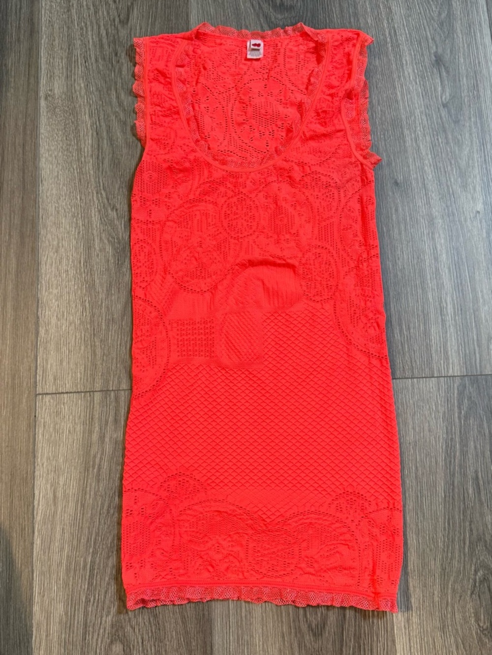 Y2K 2000s Neon Orange Stretchy Lace Trim Tank Top M/L Rave Clubwear Jersey Shore